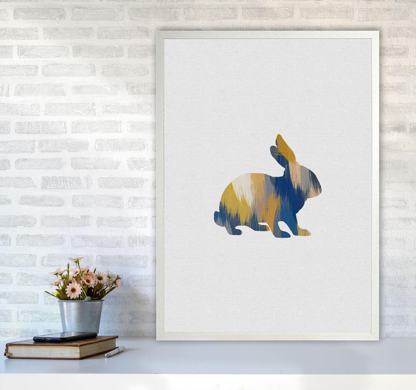Rabbit Blue & Yellow Print By Orara Studio Animal Art Print A1 Oak Frame