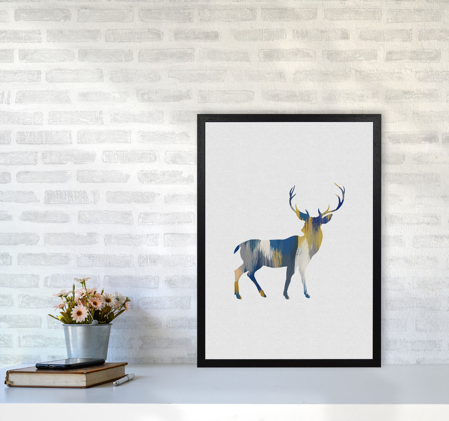 Deer Blue & Yellow Print By Orara Studio Animal Art Print A2 White Frame