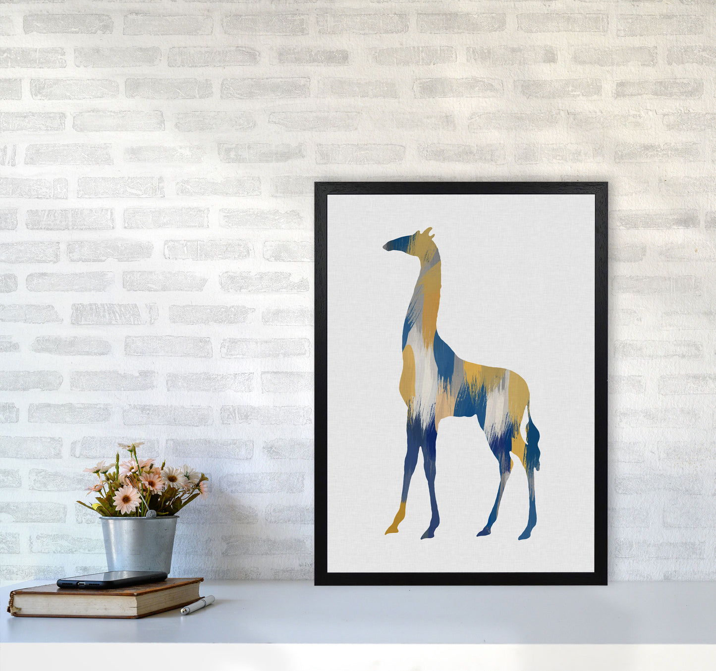 Giraffe Blue & Yellow Print By Orara Studio Animal Art Print A2 White Frame