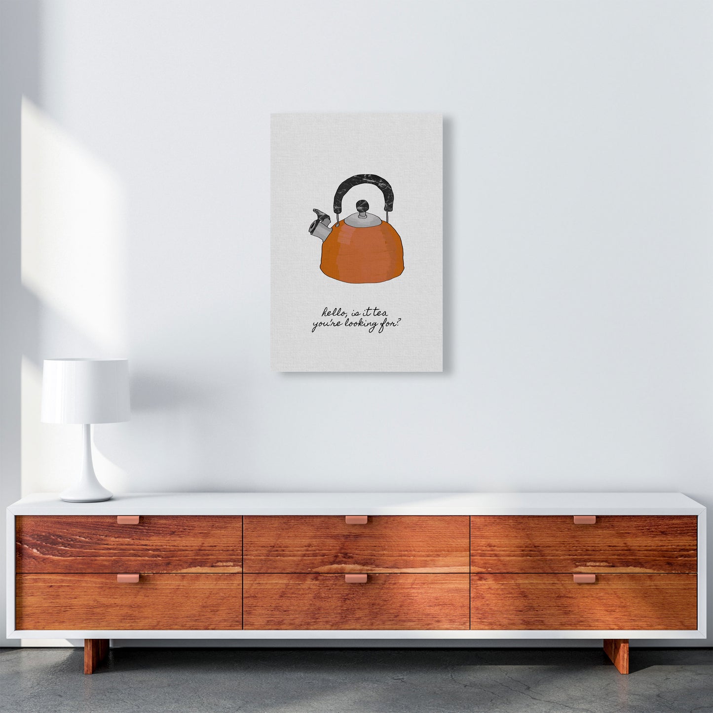 Hello Is It Tea Print By Orara Studio, Framed Kitchen Wall Art A2 Canvas