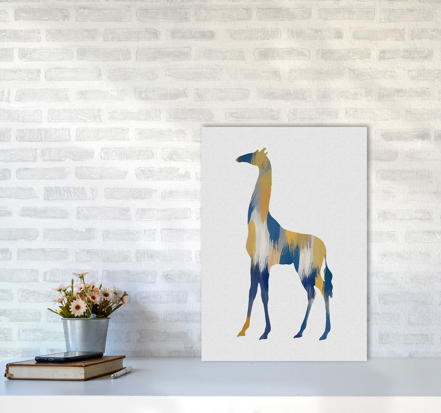 Giraffe Blue & Yellow Print By Orara Studio Animal Art Print A2 Black Frame