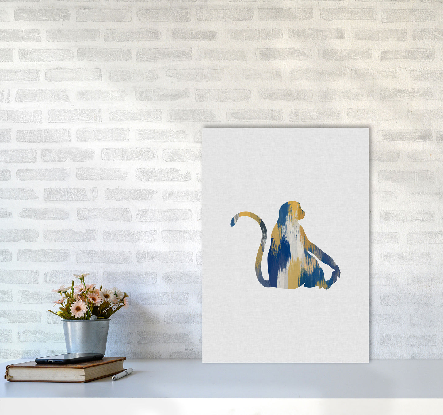 Monkey Blue & Yellow Print By Orara Studio Animal Art Print A2 Black Frame