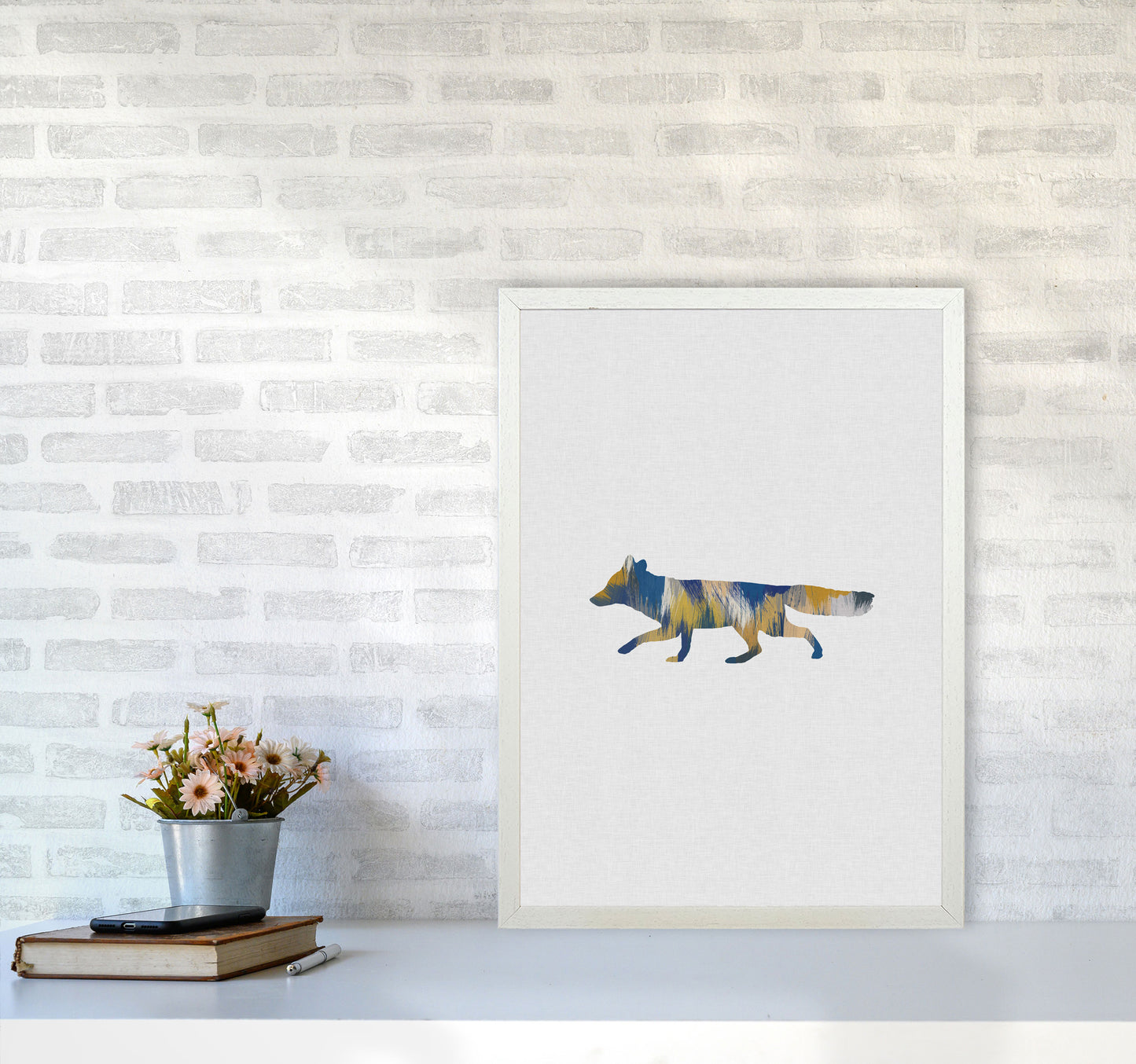Fox Blue & Yellow Print By Orara Studio Animal Art Print A2 Oak Frame