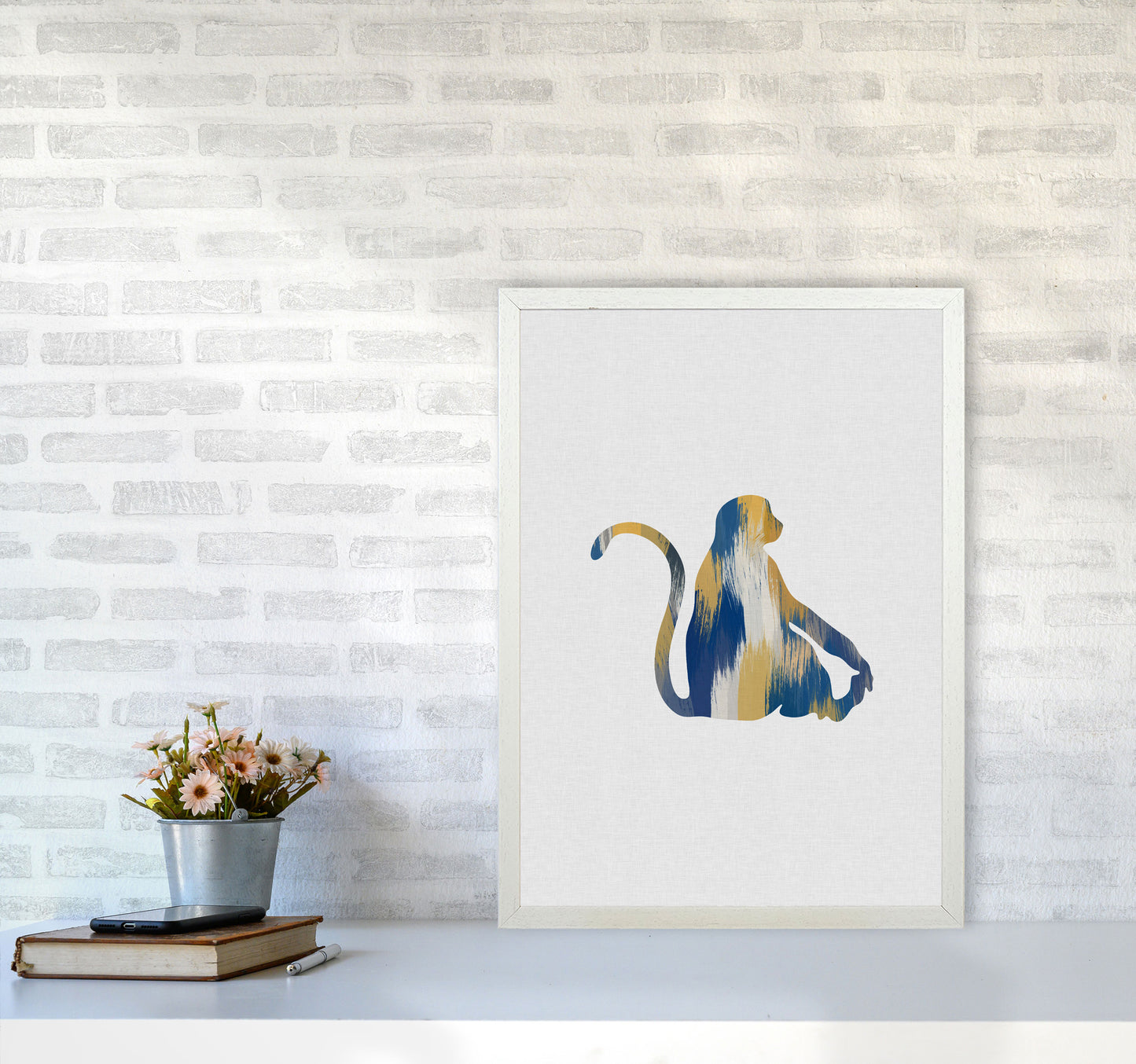 Monkey Blue & Yellow Print By Orara Studio Animal Art Print A2 Oak Frame