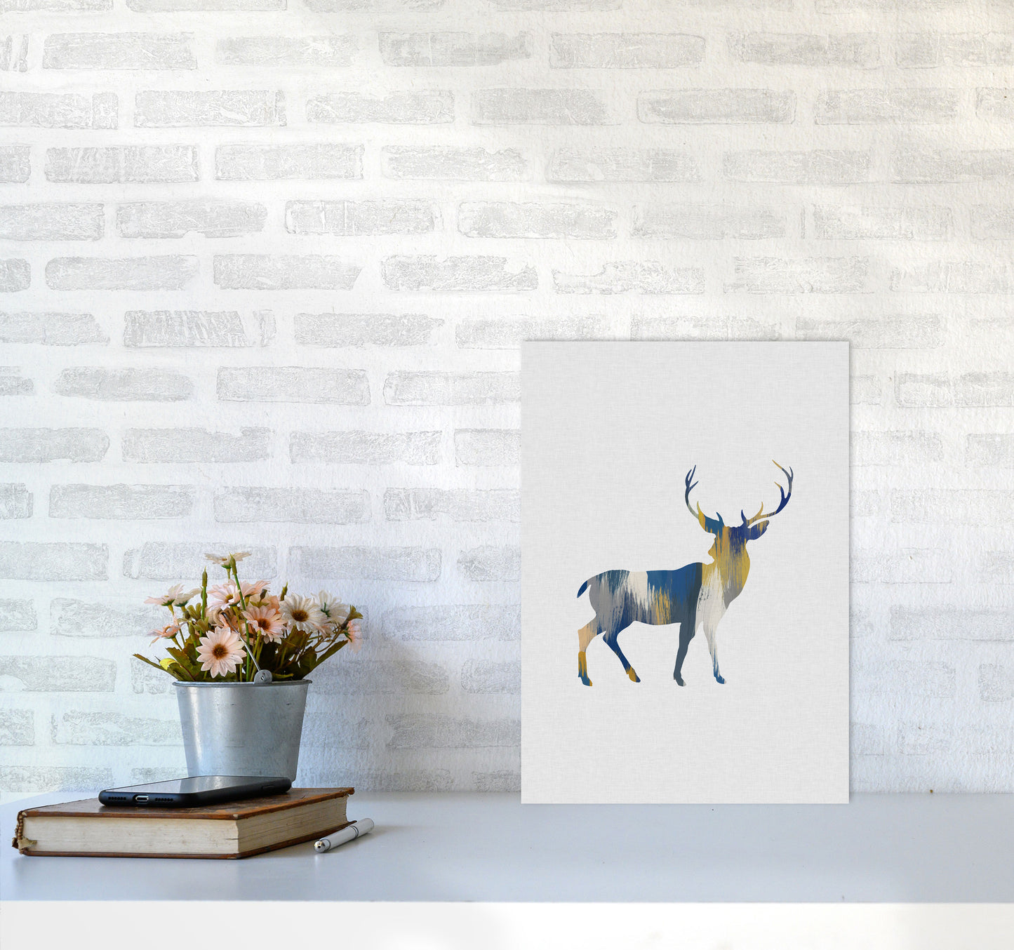 Deer Blue & Yellow Print By Orara Studio Animal Art Print A3 Black Frame