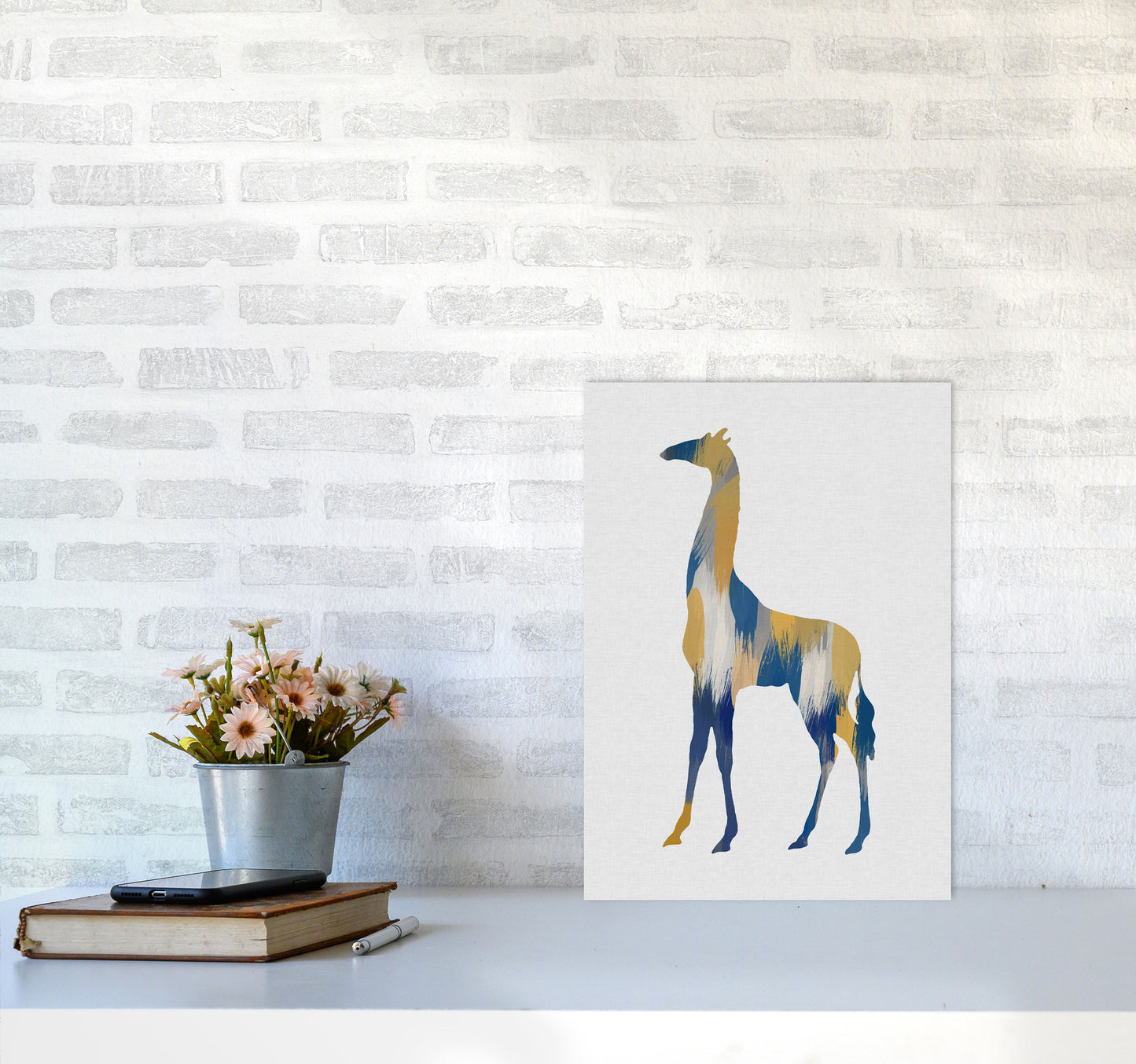 Giraffe Blue & Yellow Print By Orara Studio Animal Art Print A3 Black Frame
