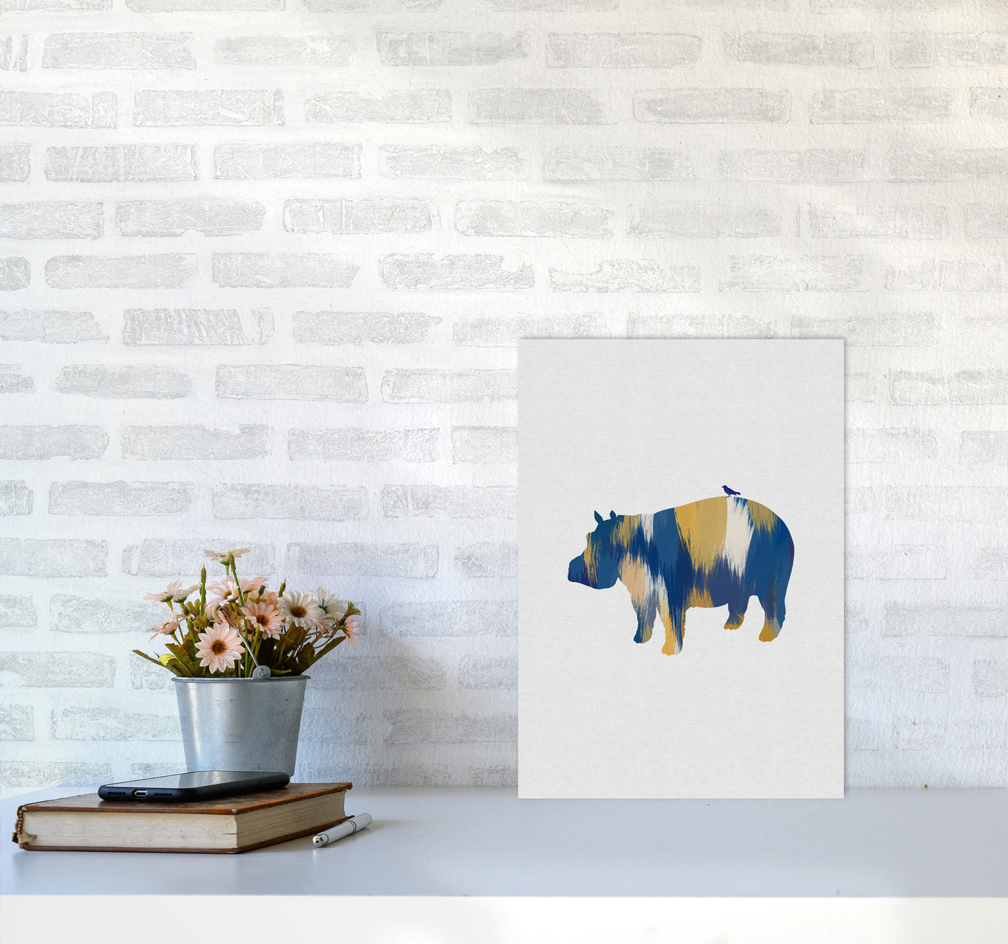 Hippo Blue & Yellow Print By Orara Studio Animal Art Print A3 Black Frame