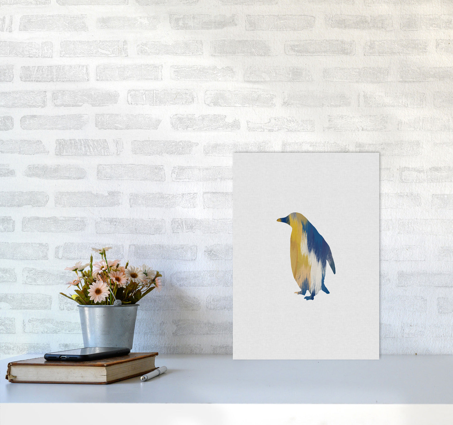 Penguin Blue & Yellow Print By Orara Studio Animal Art Print A3 Black Frame