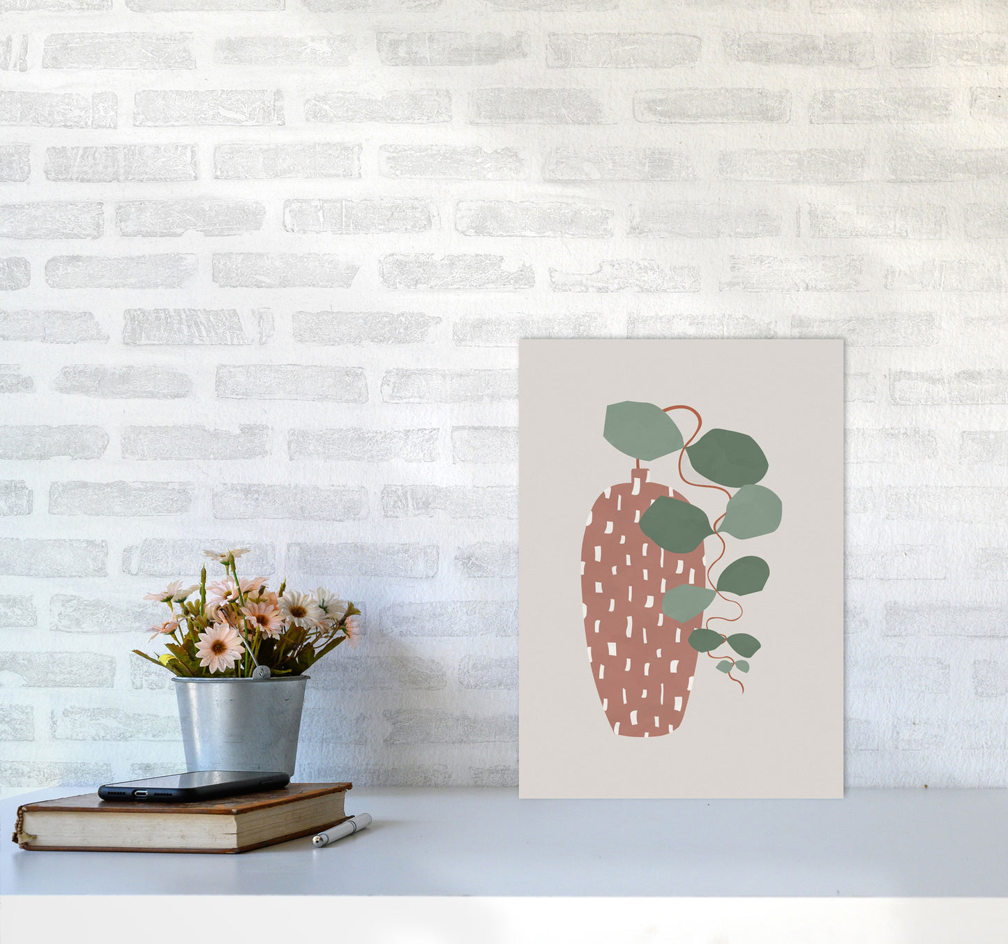 Terrazzo & Leaves Art Print by Orara Studios A3 Black Frame