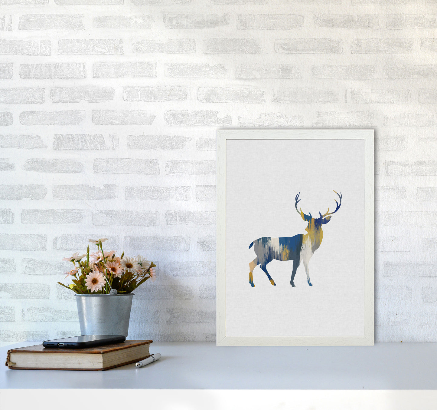 Deer Blue & Yellow Print By Orara Studio Animal Art Print A3 Oak Frame