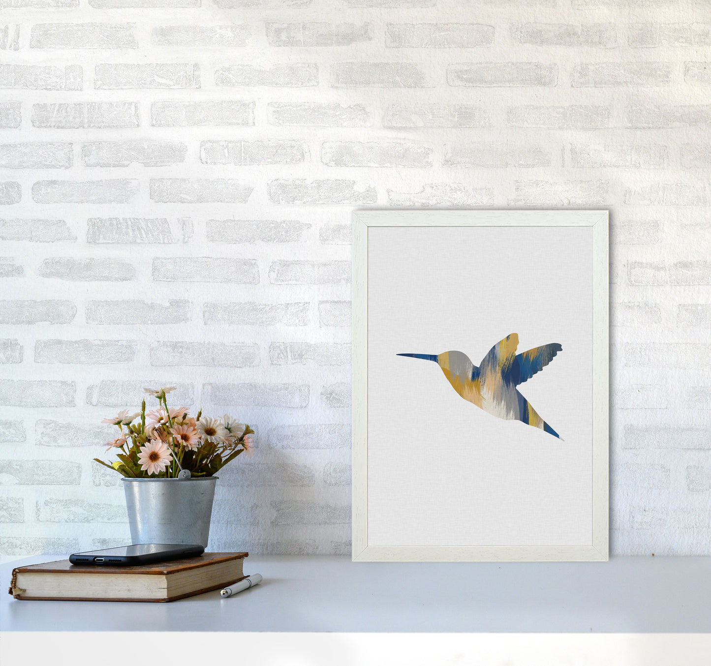 Hummingbird Blue & Yellow I Print By Orara Studio Animal Art Print A3 Oak Frame