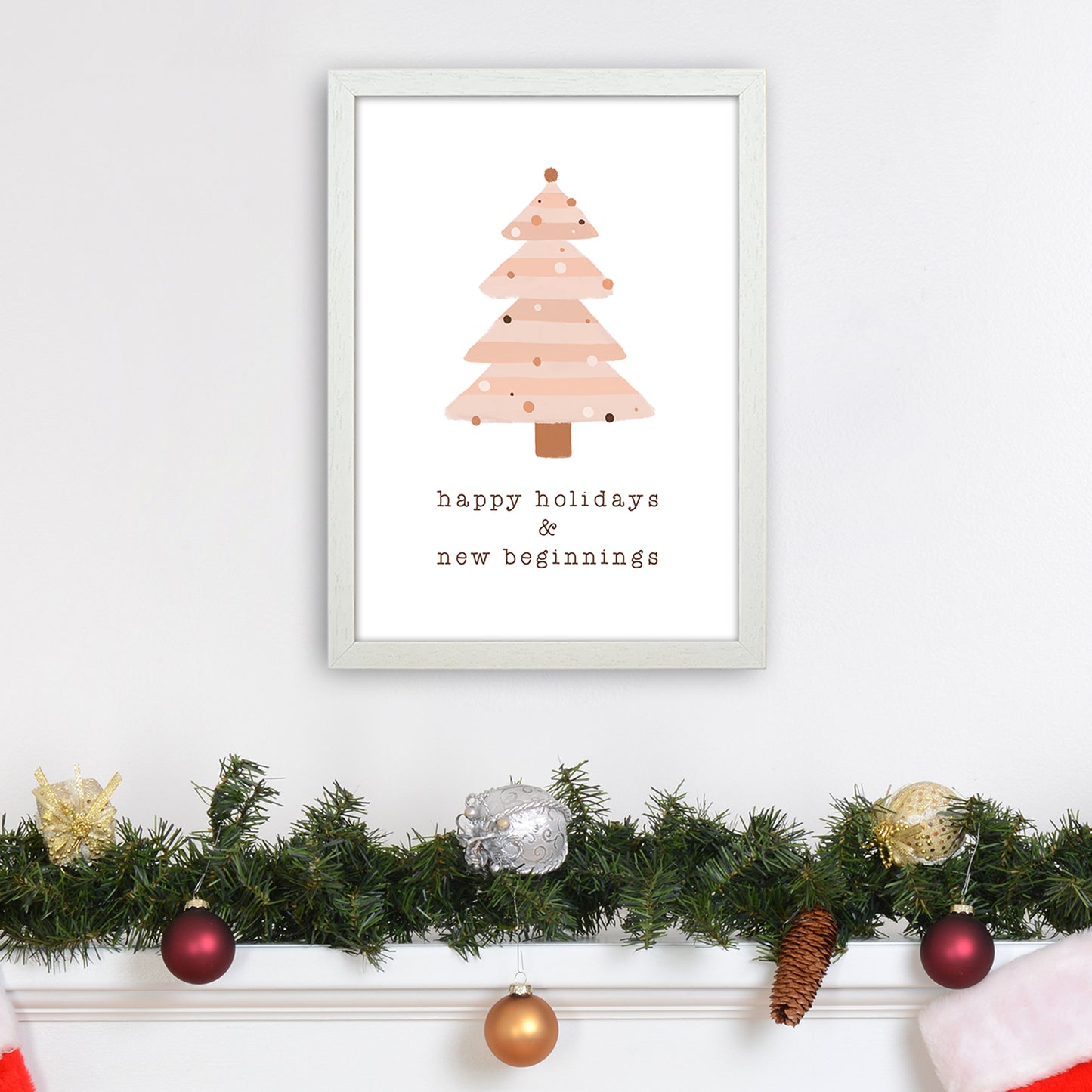 Happy Holidays & New Beginnings Christmas Art Print by Orara Studio A3 Oak Frame