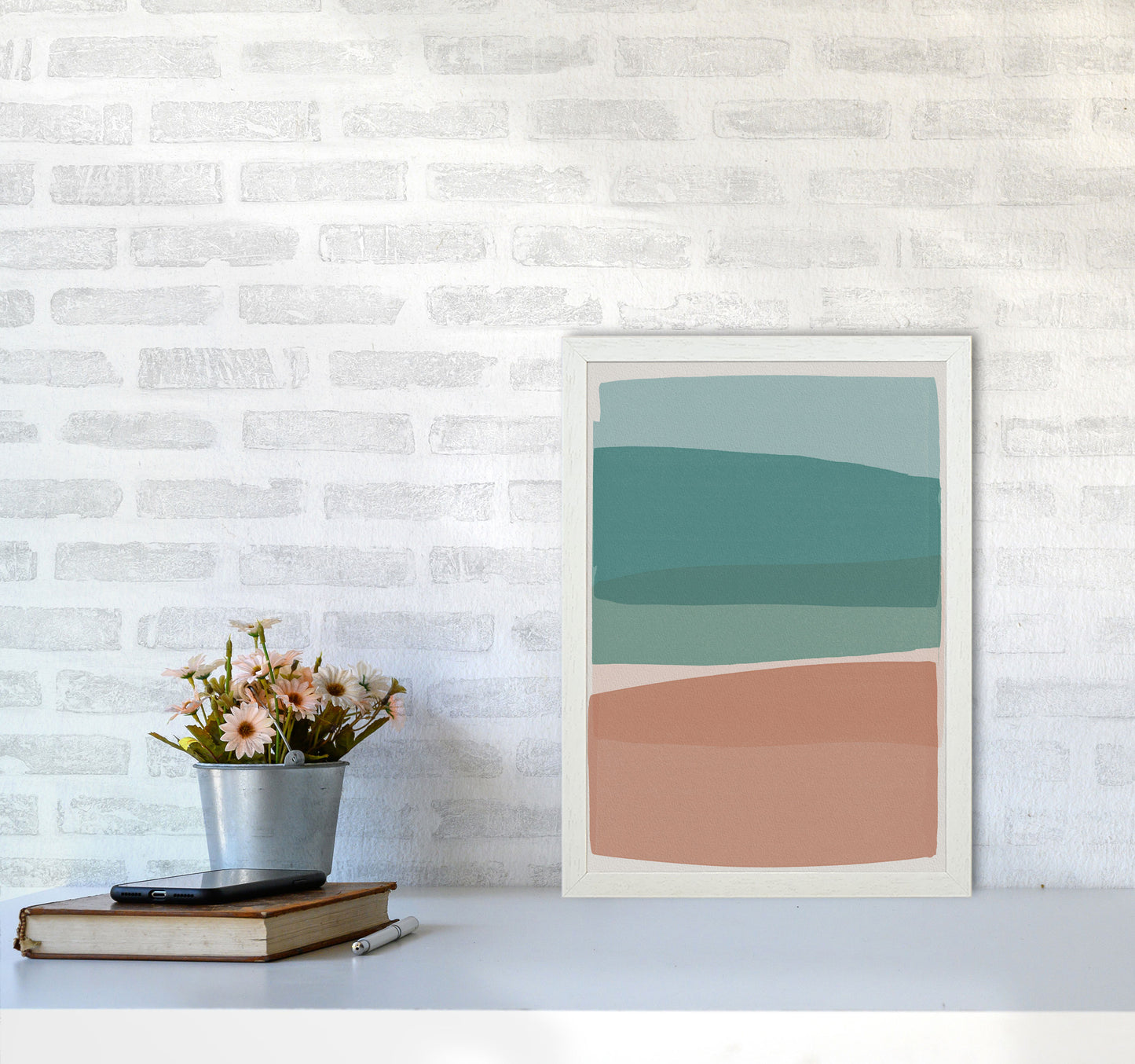 Modern Turquoise and Pink Abstract Art Print by Orara Studio A3 Oak Frame
