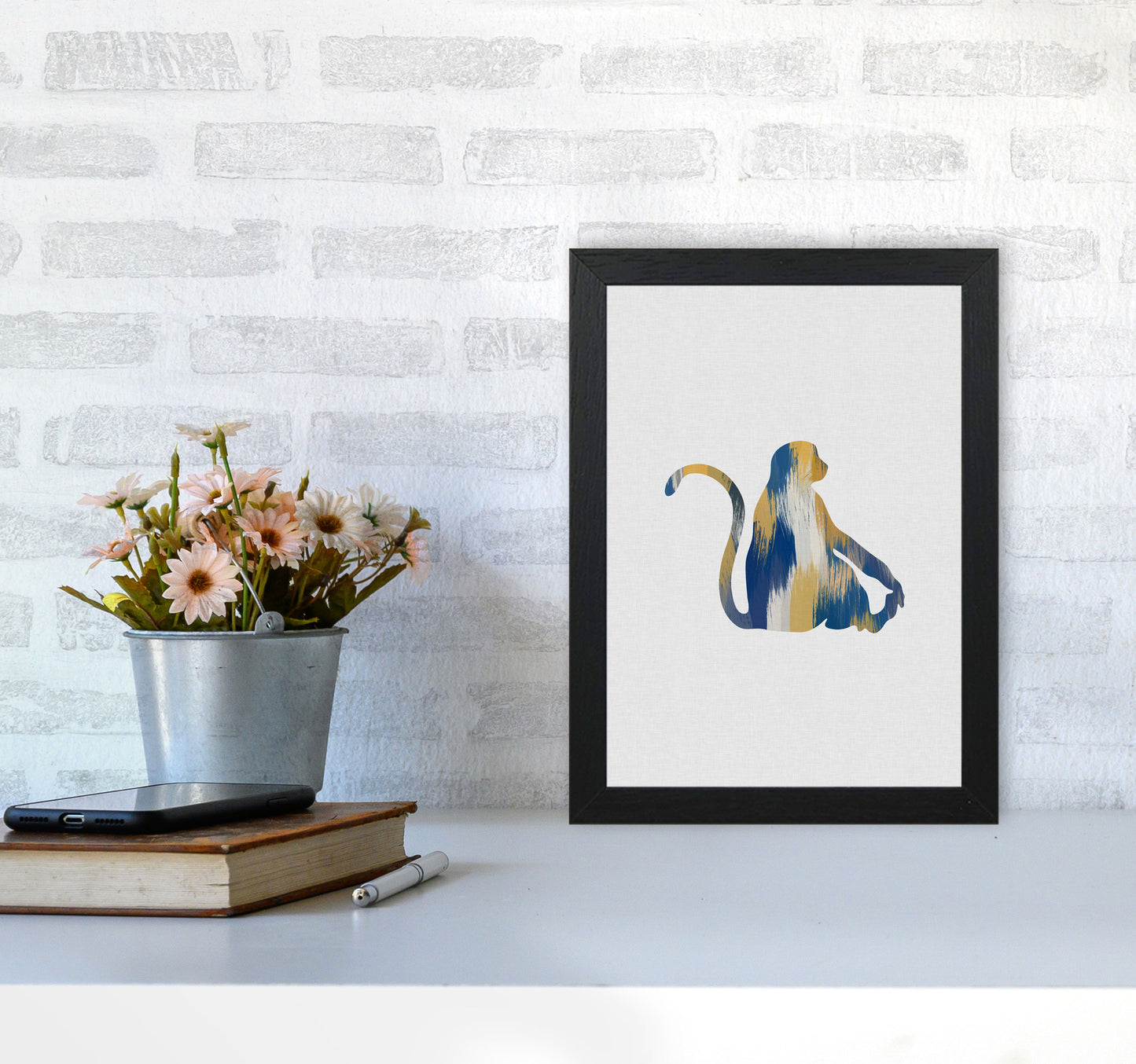 Monkey Blue & Yellow Print By Orara Studio Animal Art Print A4 White Frame