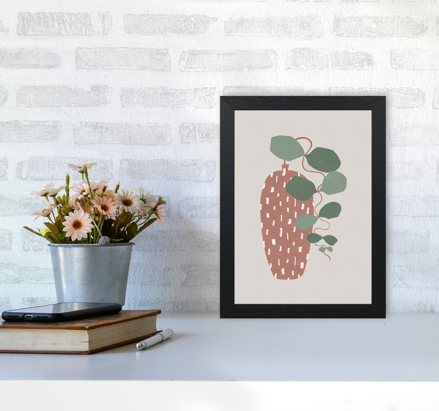 Terrazzo & Leaves Art Print by Orara Studios A4 White Frame