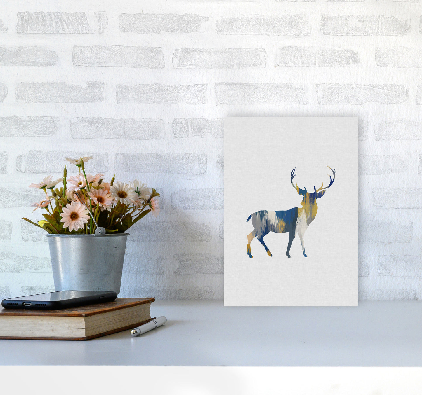 Deer Blue & Yellow Print By Orara Studio Animal Art Print A4 Black Frame