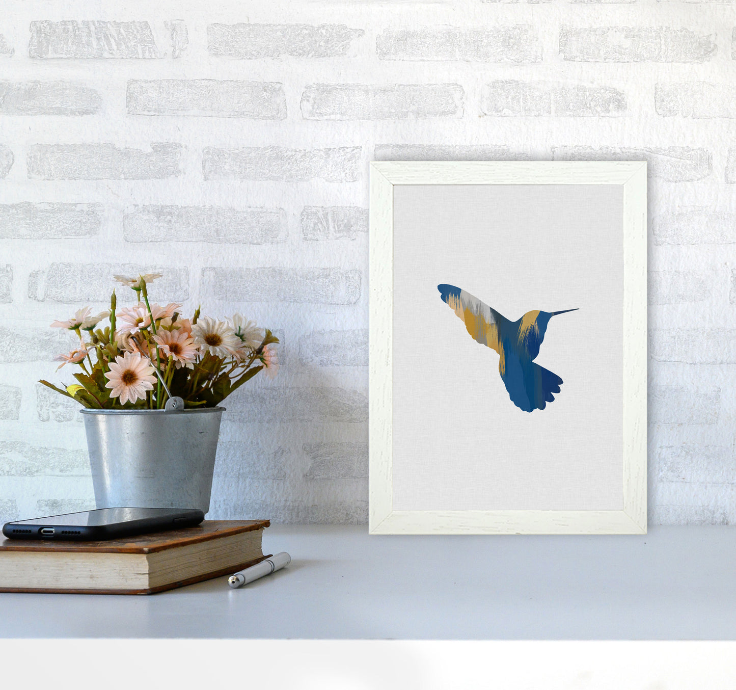 Hummingbird Blue & Yellow II Print By Orara Studio Animal Art Print A4 Oak Frame