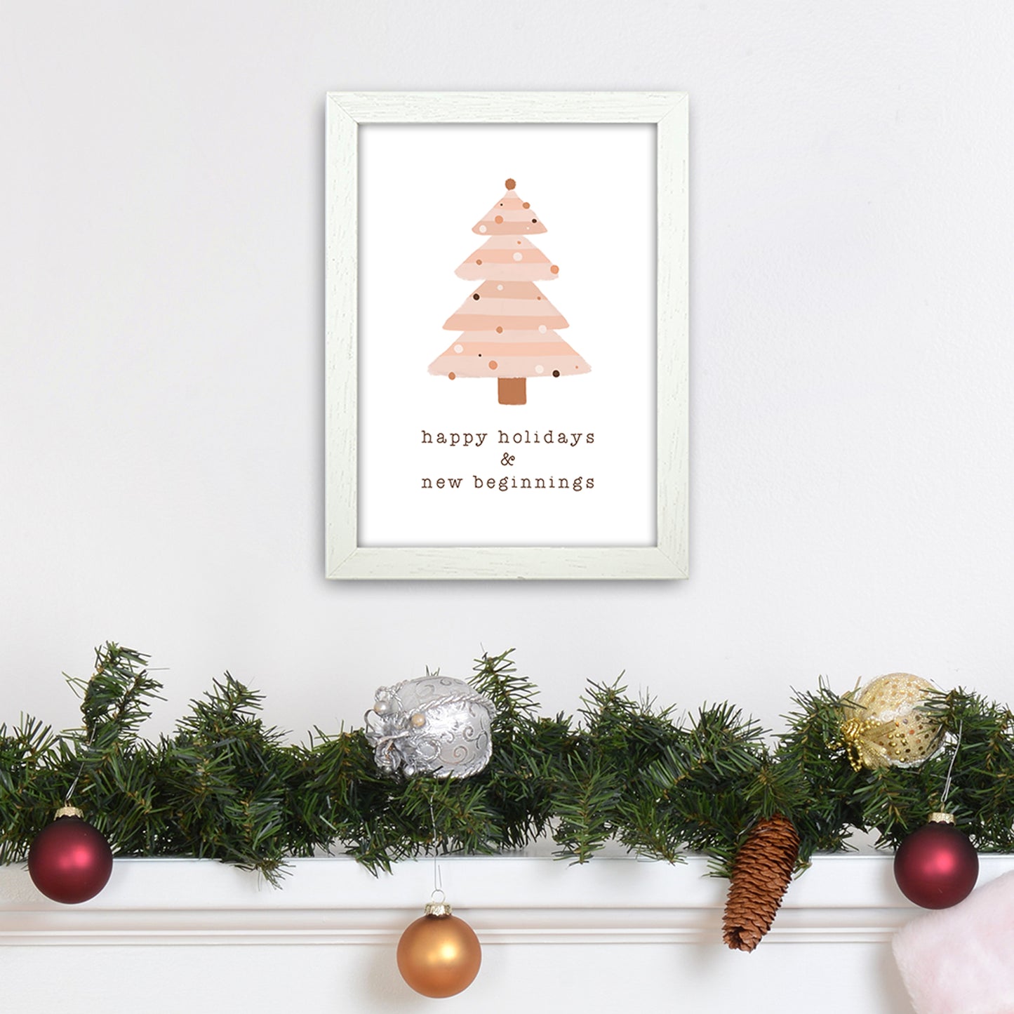 Happy Holidays & New Beginnings Christmas Art Print by Orara Studio A4 Oak Frame