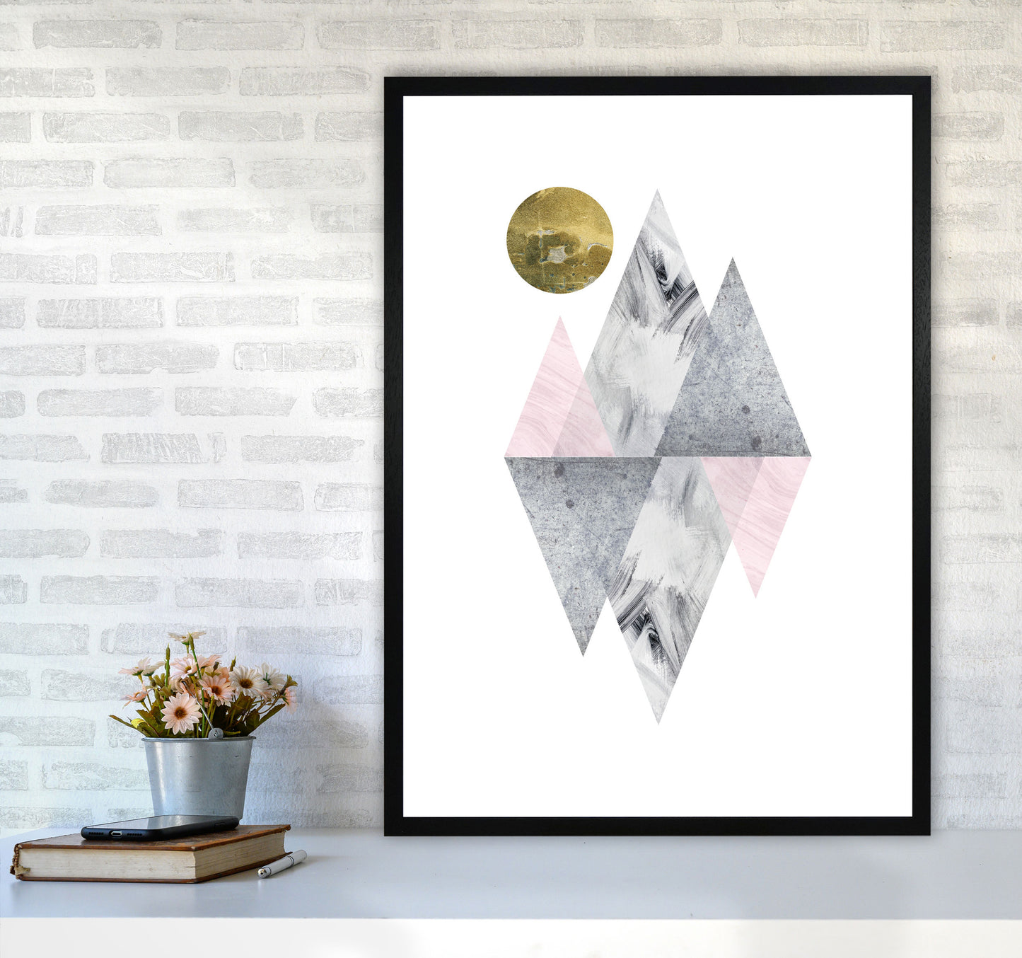 Pink And Grey Diamonds With Gold Moon Abstract Modern Print A1 White Frame
