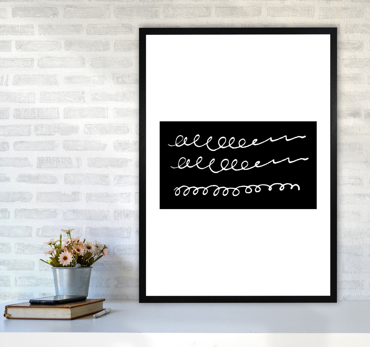 Black Rectangle Swirls Abstract Modern Print A1 White Frame