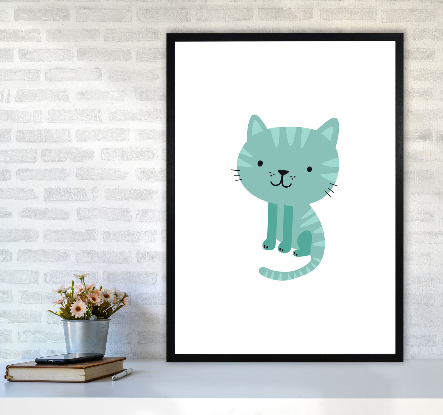 Children's Animals, Cat Modern Print A1 White Frame
