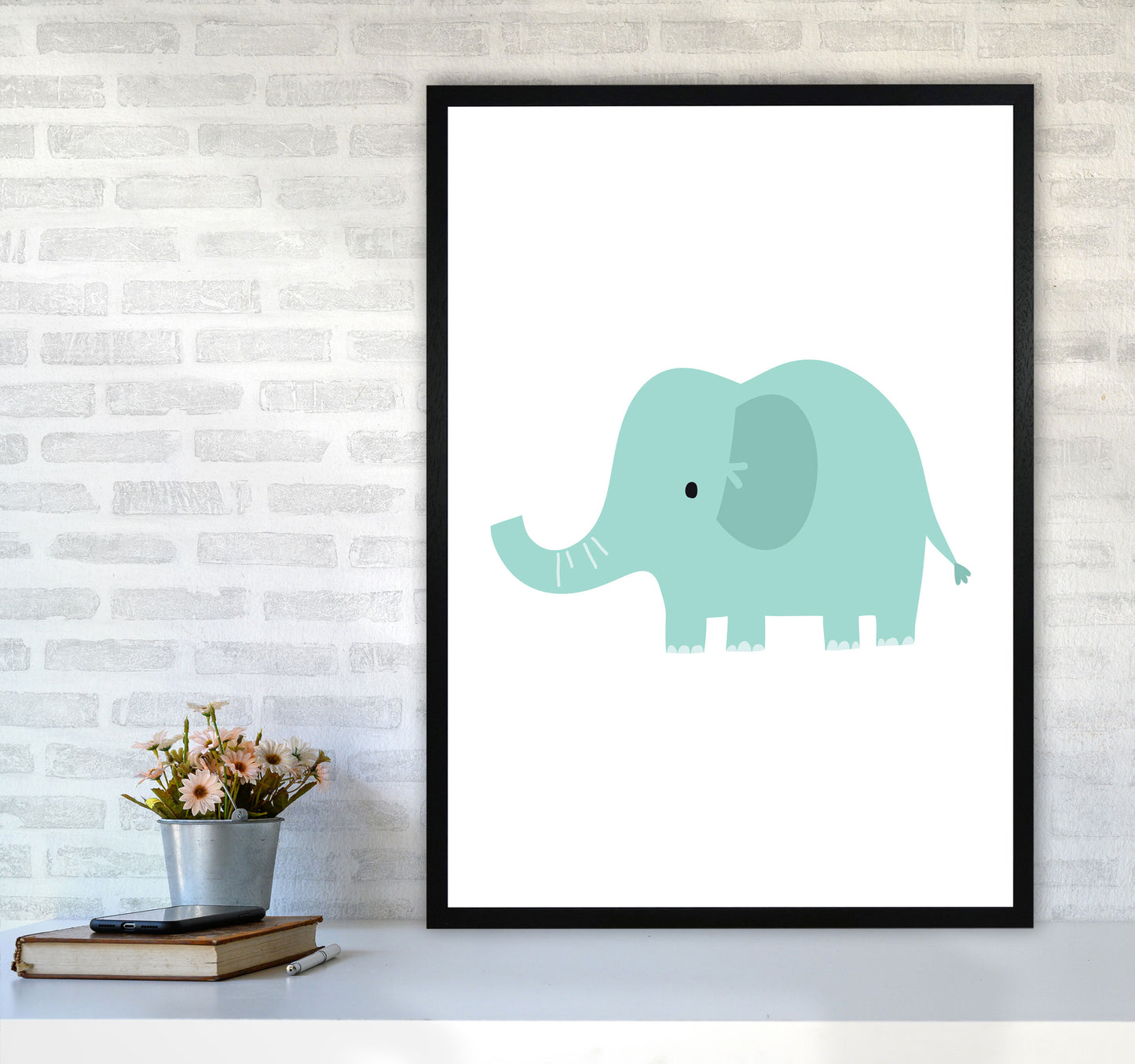 Children's Animals, Elephant Modern Print A1 White Frame