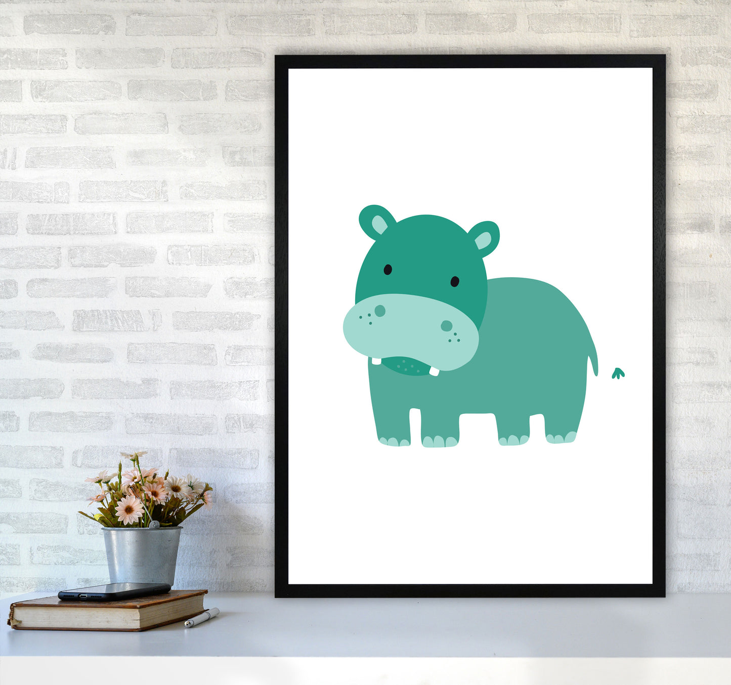 Children's Animals, Hippo Modern Print A1 White Frame