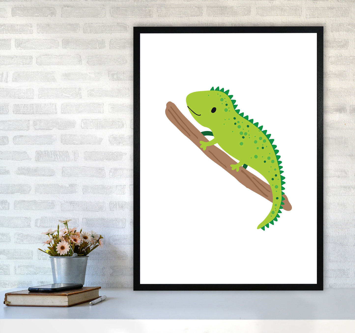 Children's Animals, Iguana Modern Print A1 White Frame