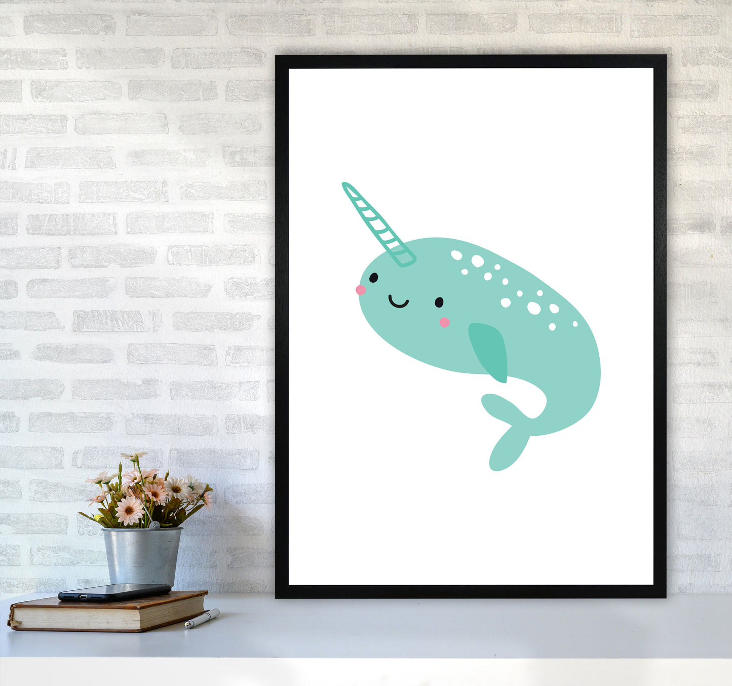 Children's Animals, Narwhal Modern Print A1 White Frame