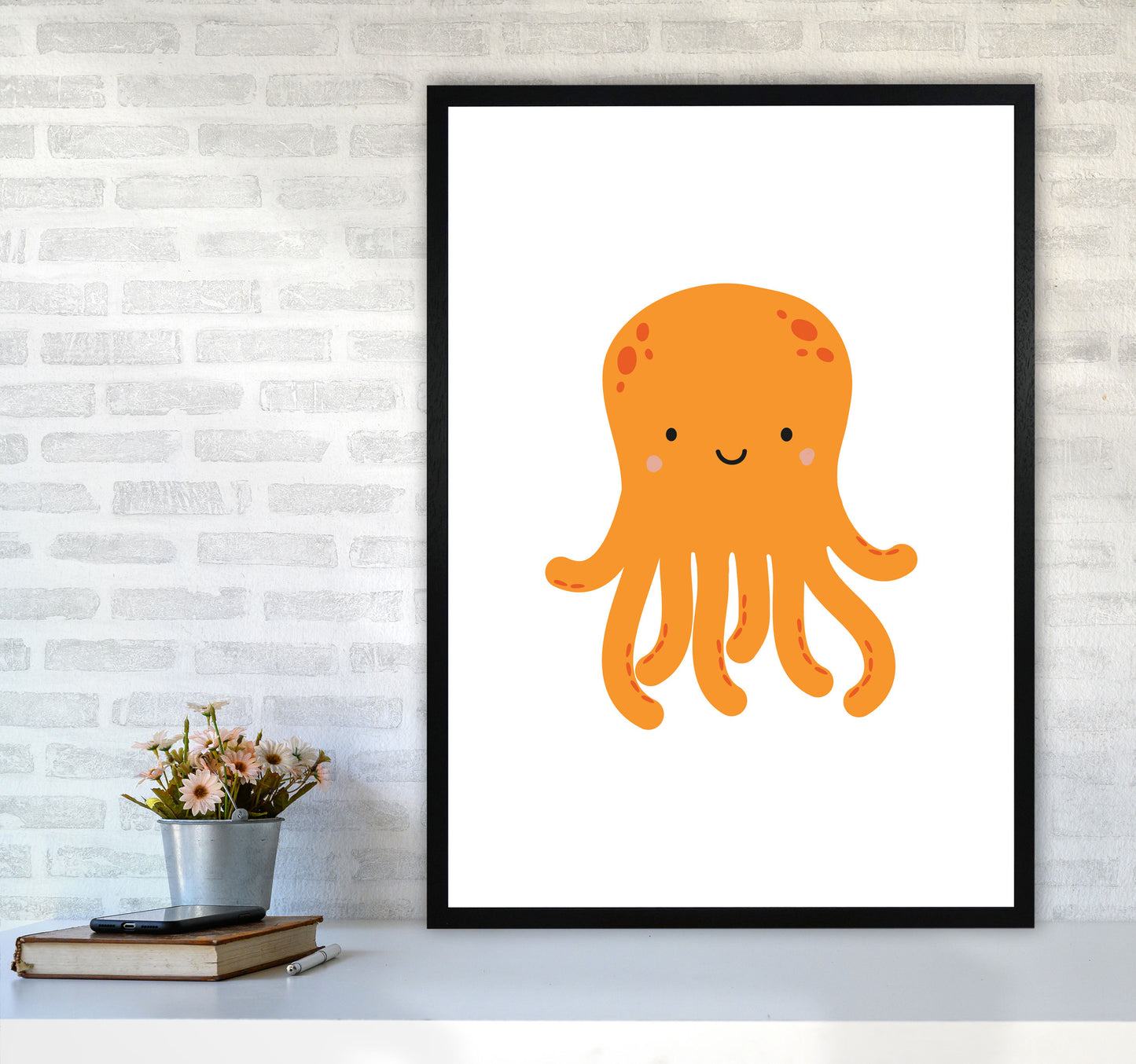 Children's Animals, Octopus Modern Print A1 White Frame