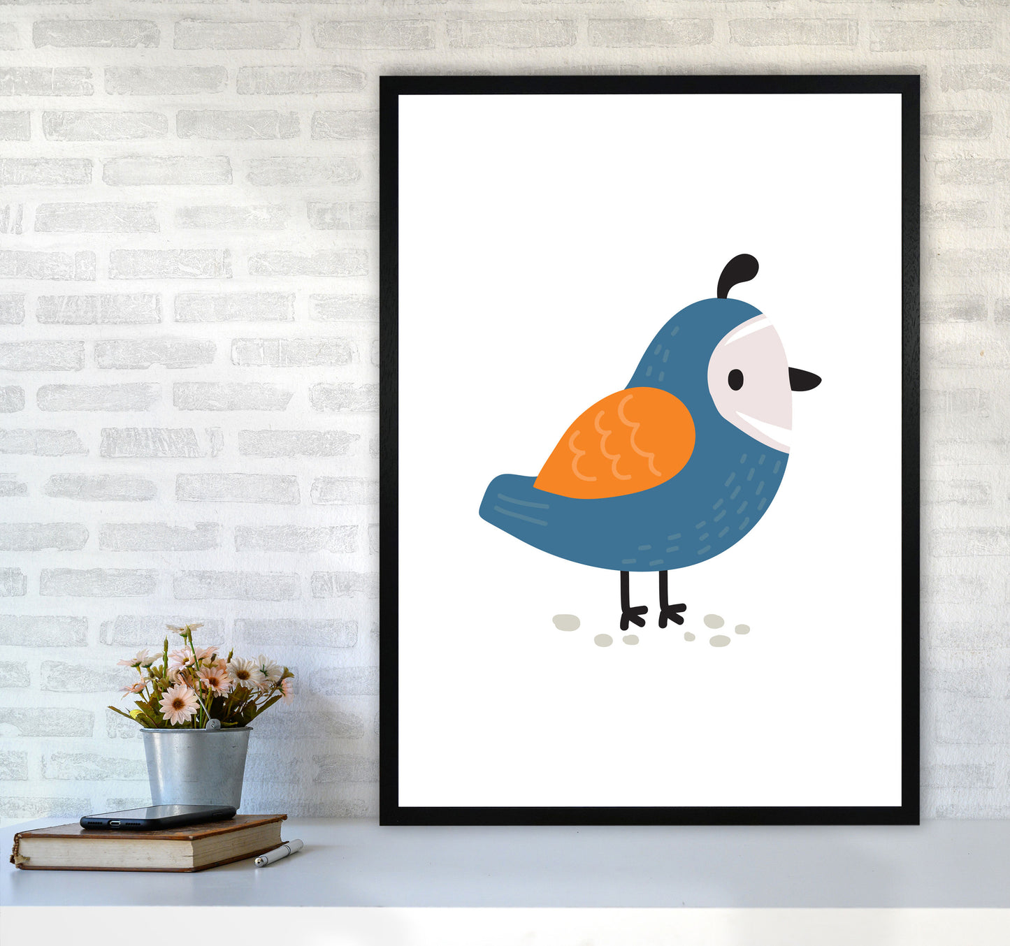 Children's Animals, Quail Modern Print A1 White Frame