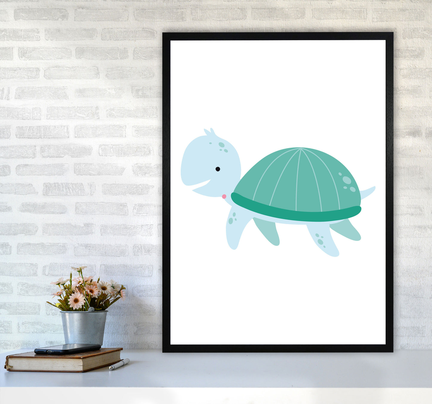 Children's Animals, Turtle Modern Print A1 White Frame