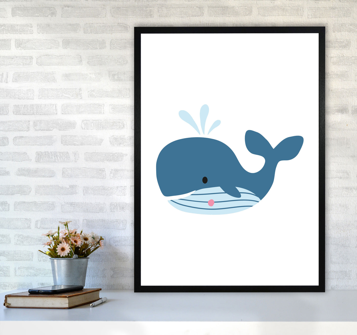 Children's Animals, Whale Modern Print A1 White Frame