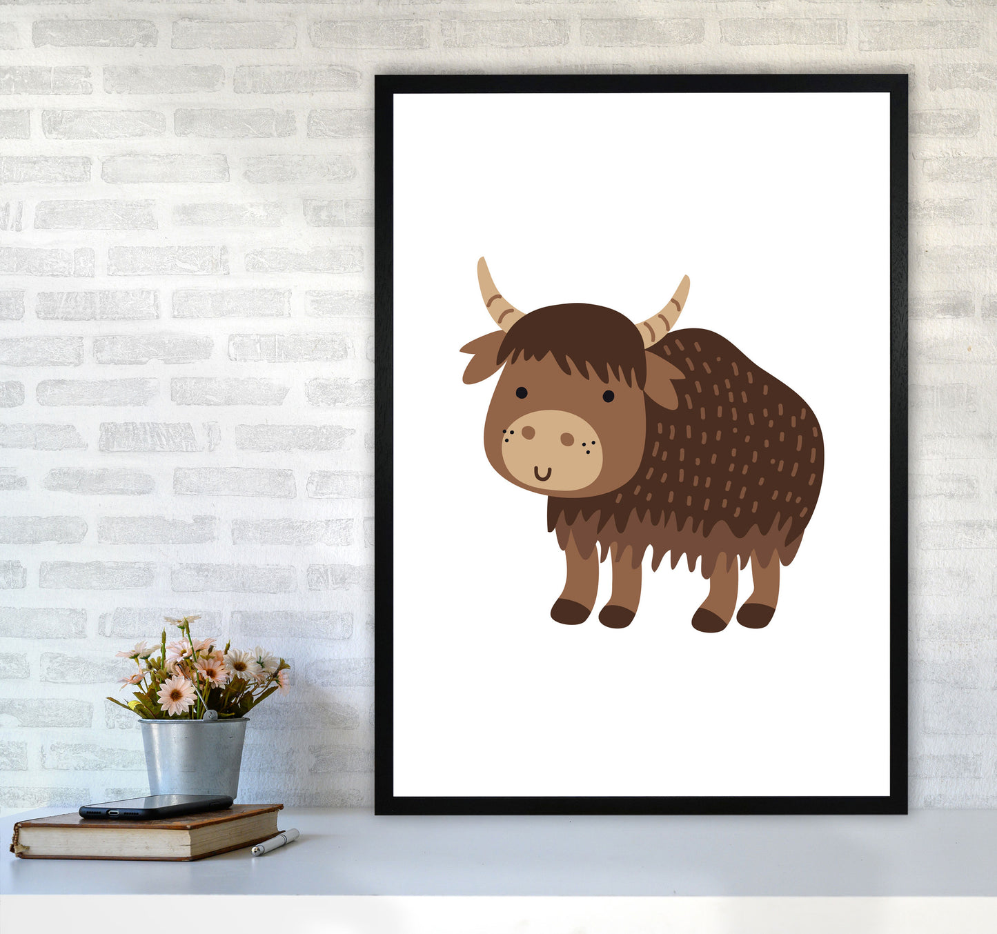 Children's Animals, Yak Modern Print A1 White Frame