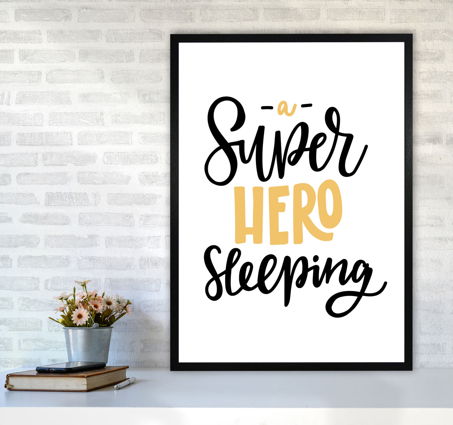 Superhero Sleeping Mustard And Black Framed Nursey Wall Art Print A1 White Frame