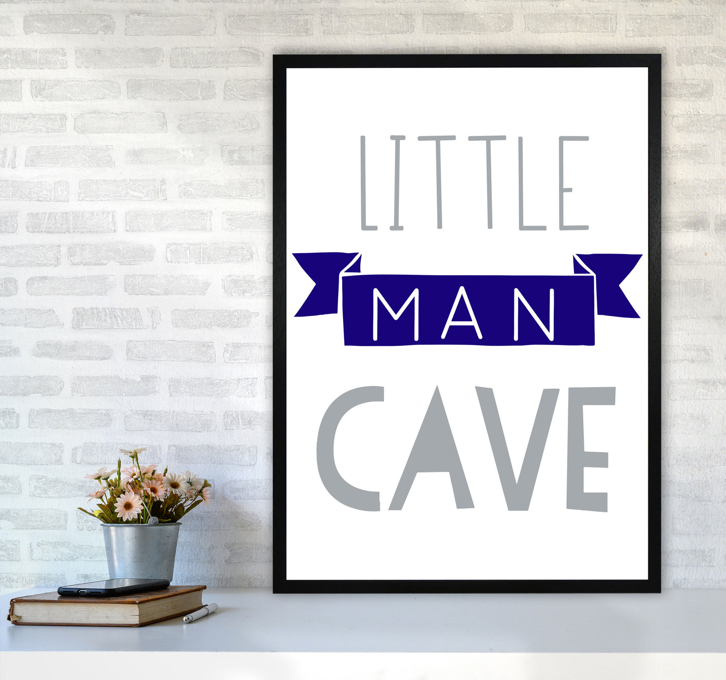 Little Man Cave Navy Banner Framed Nursey Wall Art Print A1 White Frame