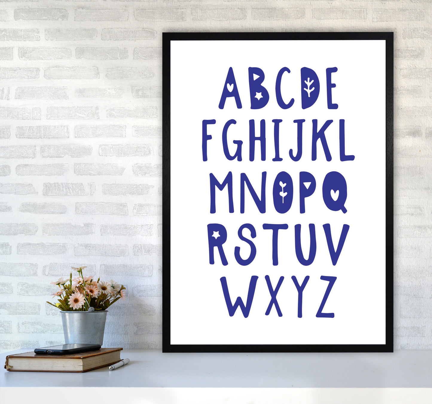 Navy Alphabet Framed Typography Wall Art Print A1 White Frame