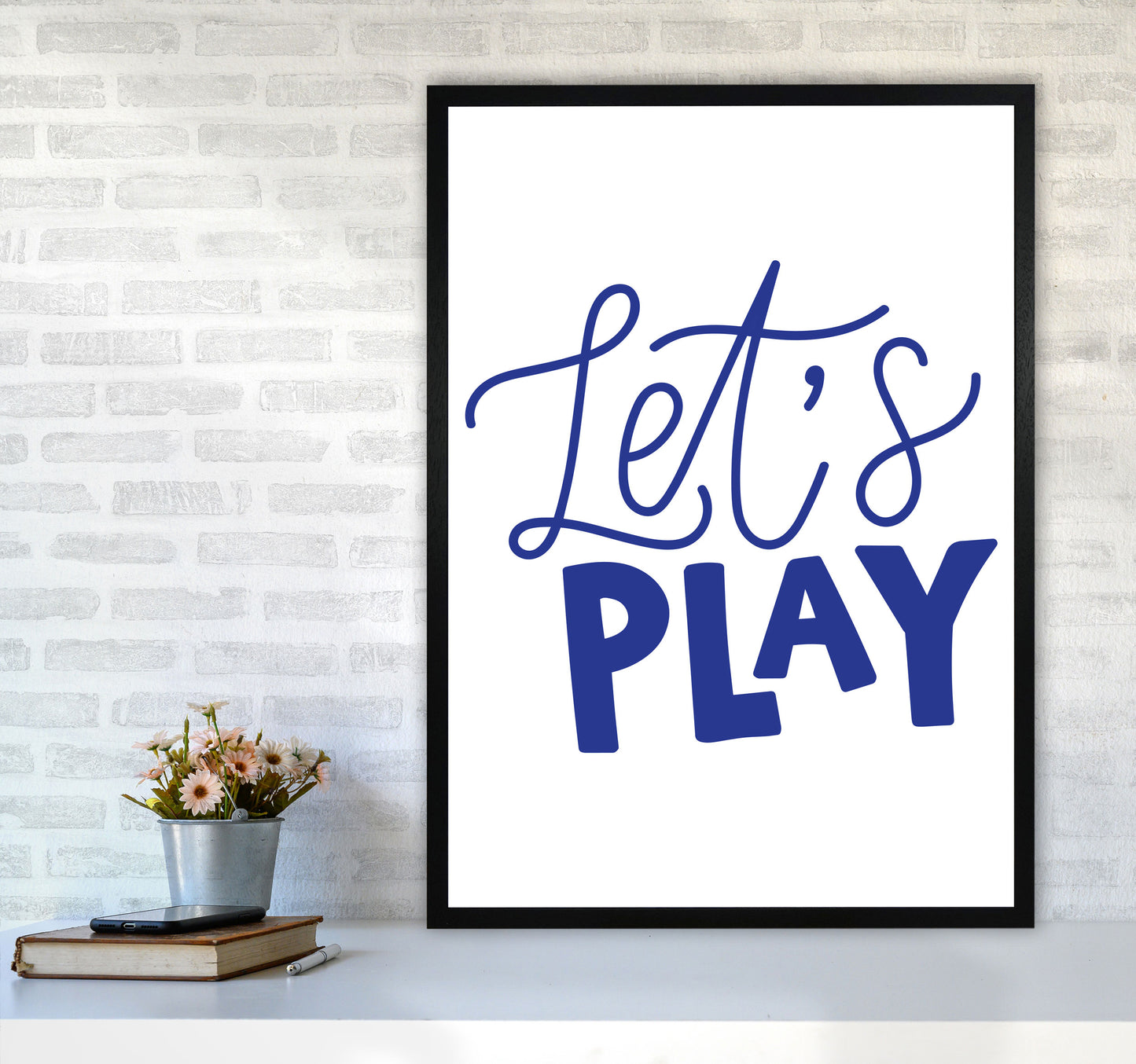 Let's Play Navy Framed Typography Wall Art Print A1 White Frame