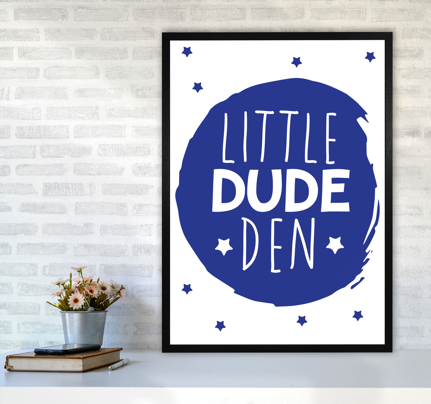 Little Dude Den Navy Circle Framed Nursey Wall Art Print A1 White Frame