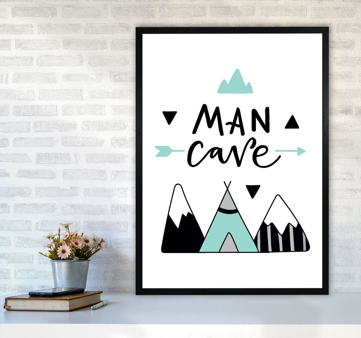 Man Cave Mountains Mint And Black Framed Typography Wall Art Print A1 White Frame