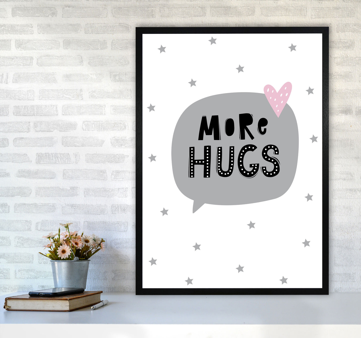 More Hugs Speech Bubble Framed Typography Wall Art Print A1 White Frame