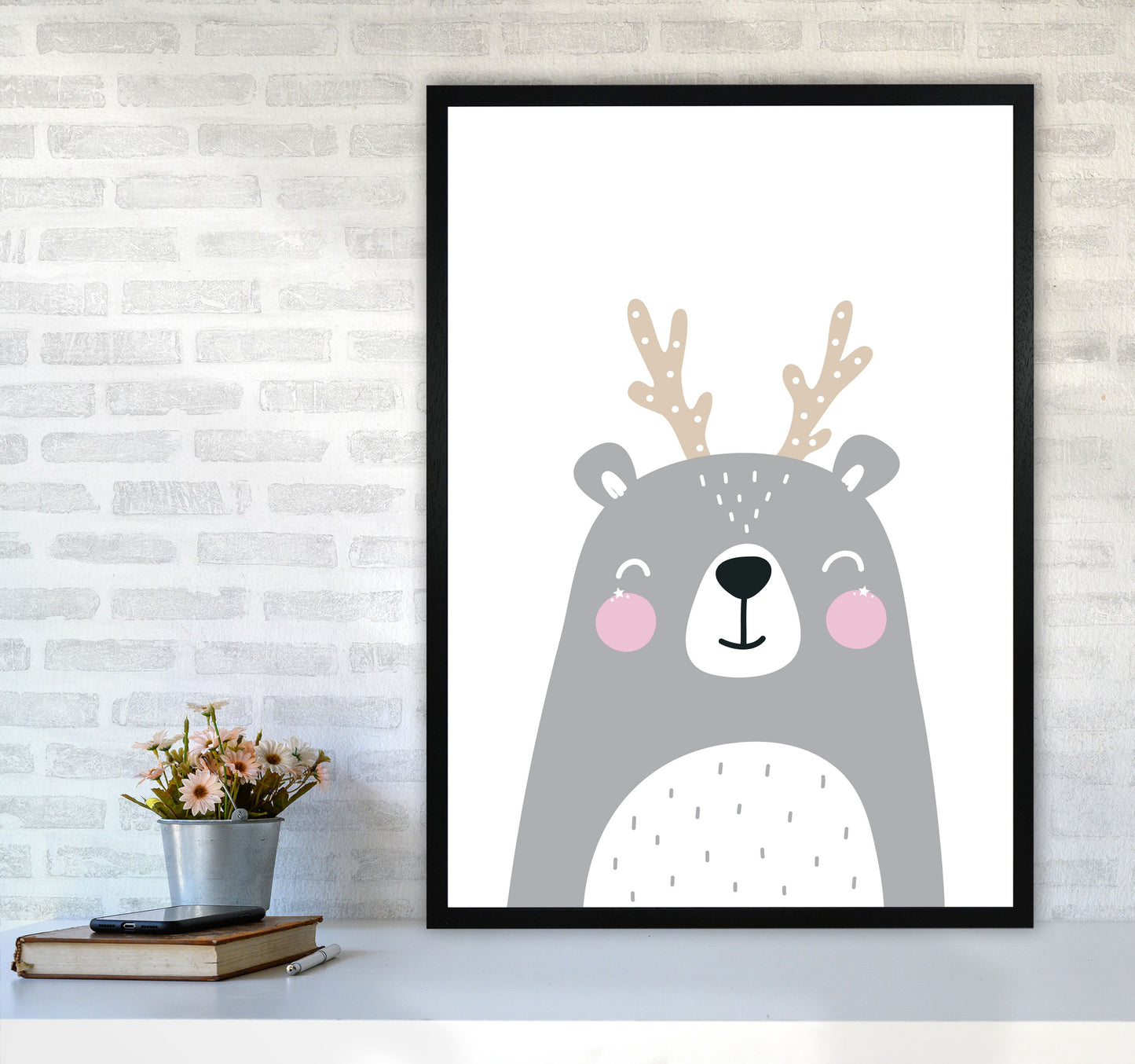 Grey Bear With Antlers Modern Print Animal Art Print A1 White Frame