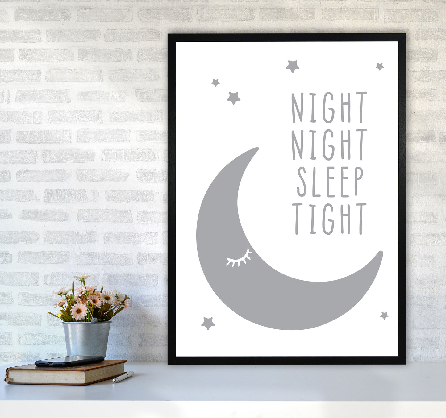 Night Night Moon Grey Framed Nursey Wall Art Print A1 White Frame