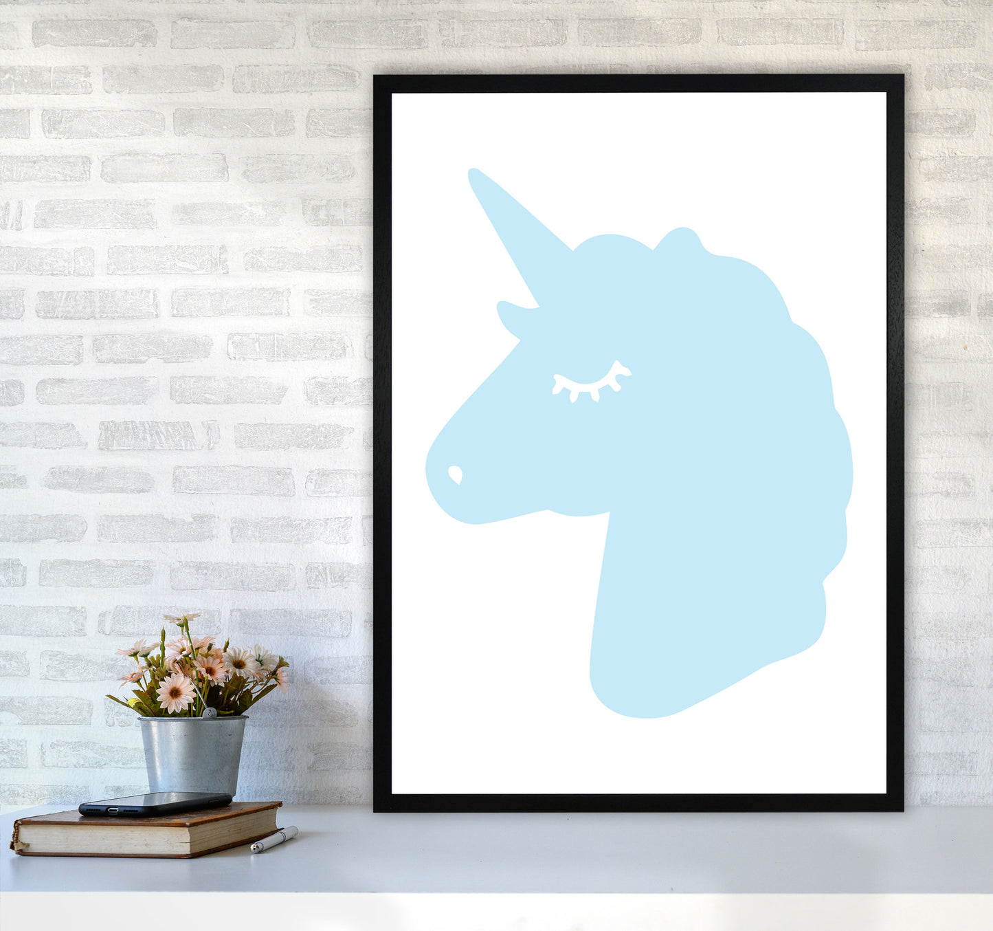 Blue Unicorn Head Modern Print Animal Art Print A1 White Frame