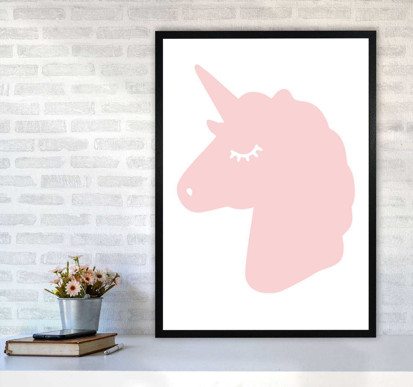 Pink Unicorn Head Modern Print Animal Art Print A1 White Frame