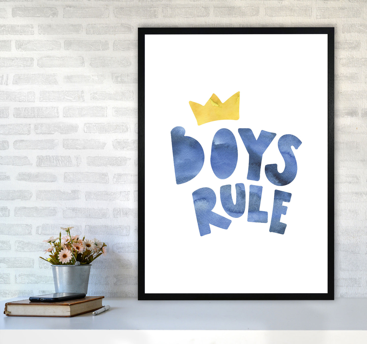 Boys Rule Watercolour Framed Nursey Wall Art Print A1 White Frame