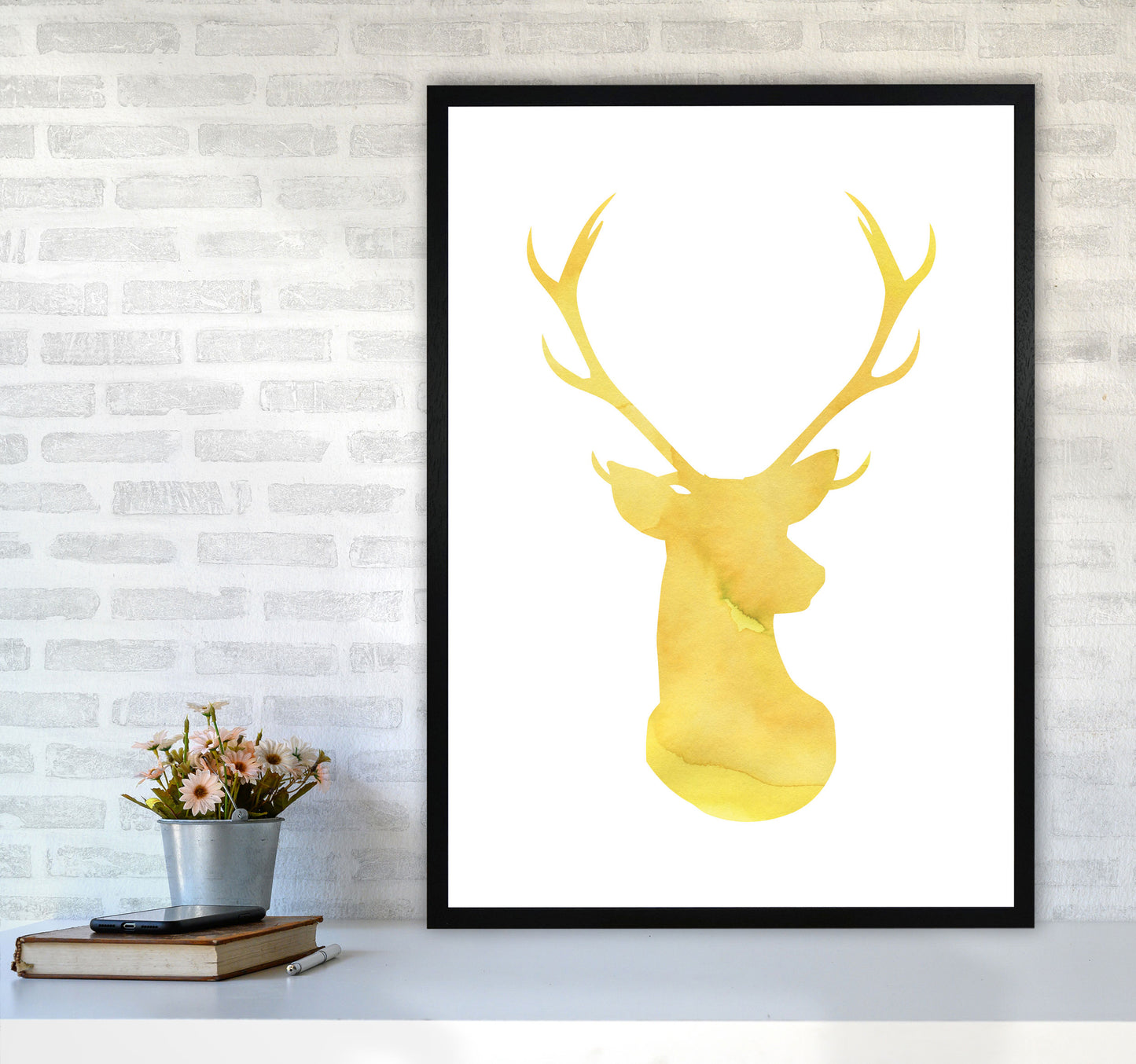 Stags Head Watercolour Modern Print Animal Art Print A1 White Frame