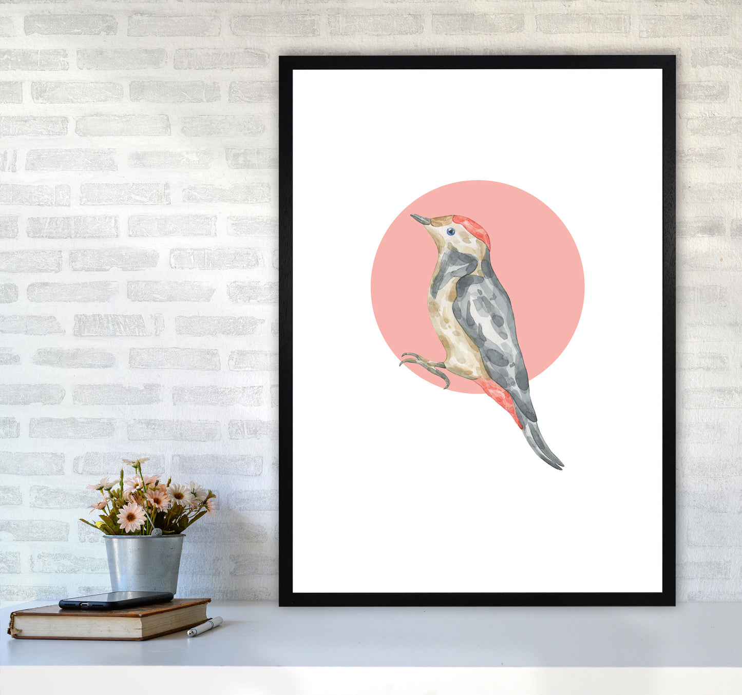 Watercolour Bird With Red Circle Modern Print Animal Art Print A1 White Frame