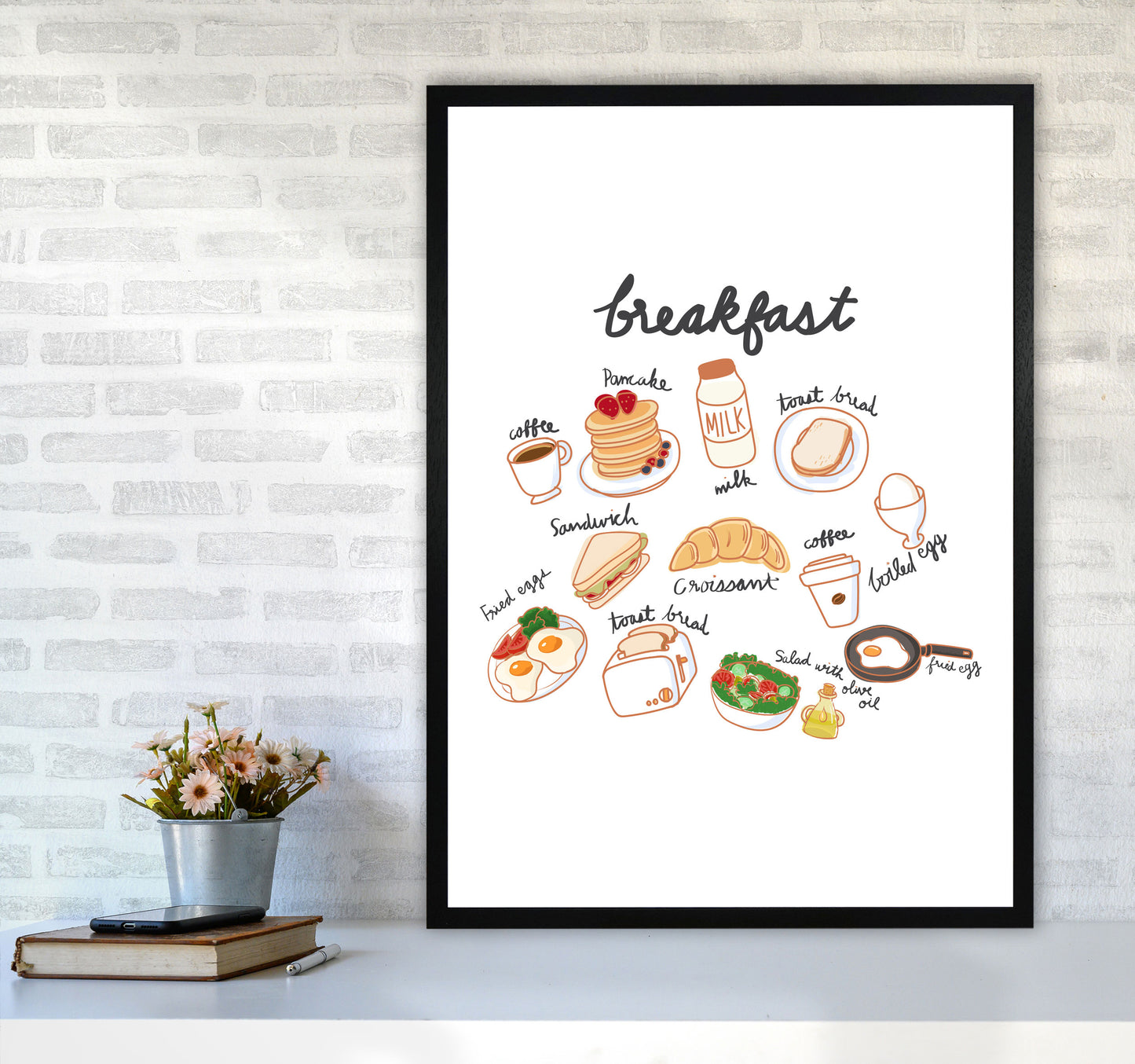 Breakfast Collection Portrait Modern Print, Framed Kitchen Wall Art A1 White Frame