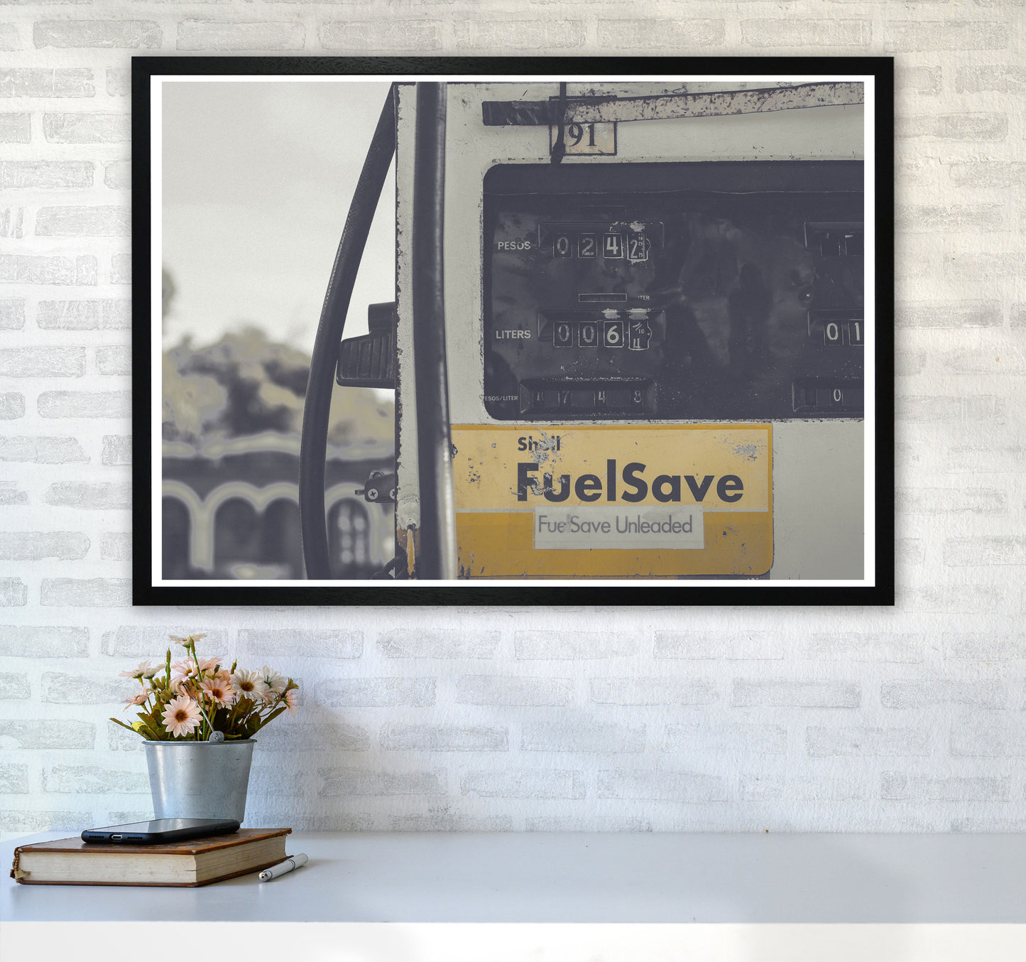 Yellow Fuel Save Gas Pump Modern Print A1 White Frame